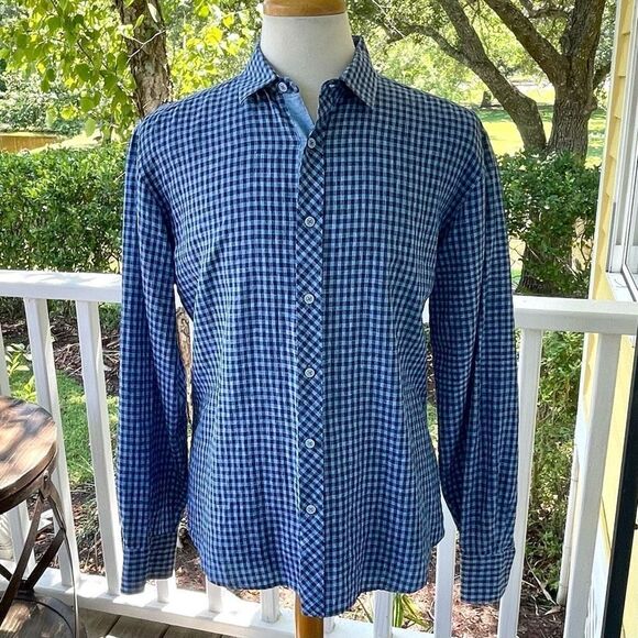 Bugatchi Linen Check Long Sleeve Dress Shirt. Shaped fit. Medium. Perfect condit - Picture 7 of 7